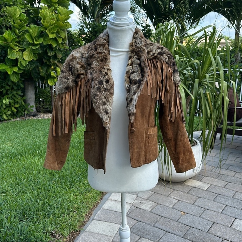Brown Suede Fringe Jacket with Faux Fur Collar